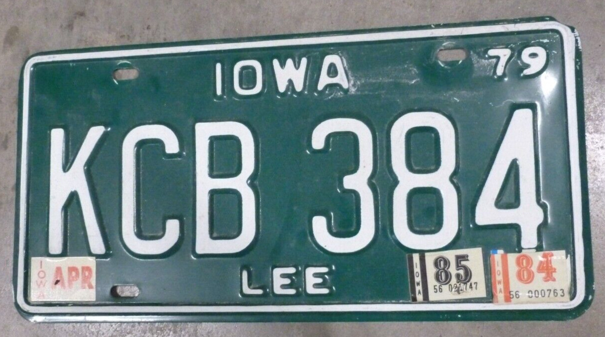 Vintage 1979 Iowa Original Metal License Plate Single - KCB 384   aluminum plate