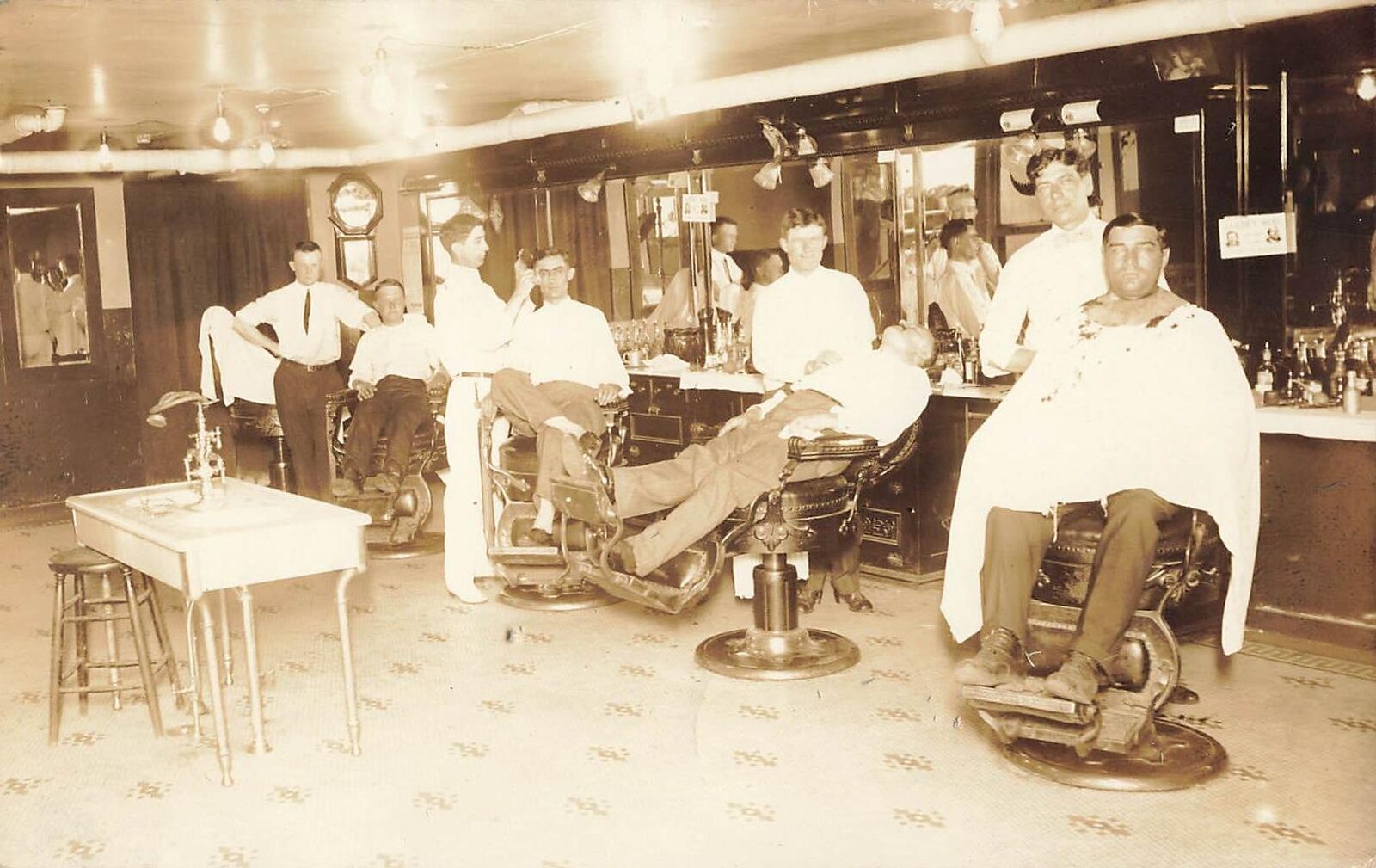 1910s Barber Shop RPPC Full Chairs Occupational Shaving Real Photo Postcard RARE