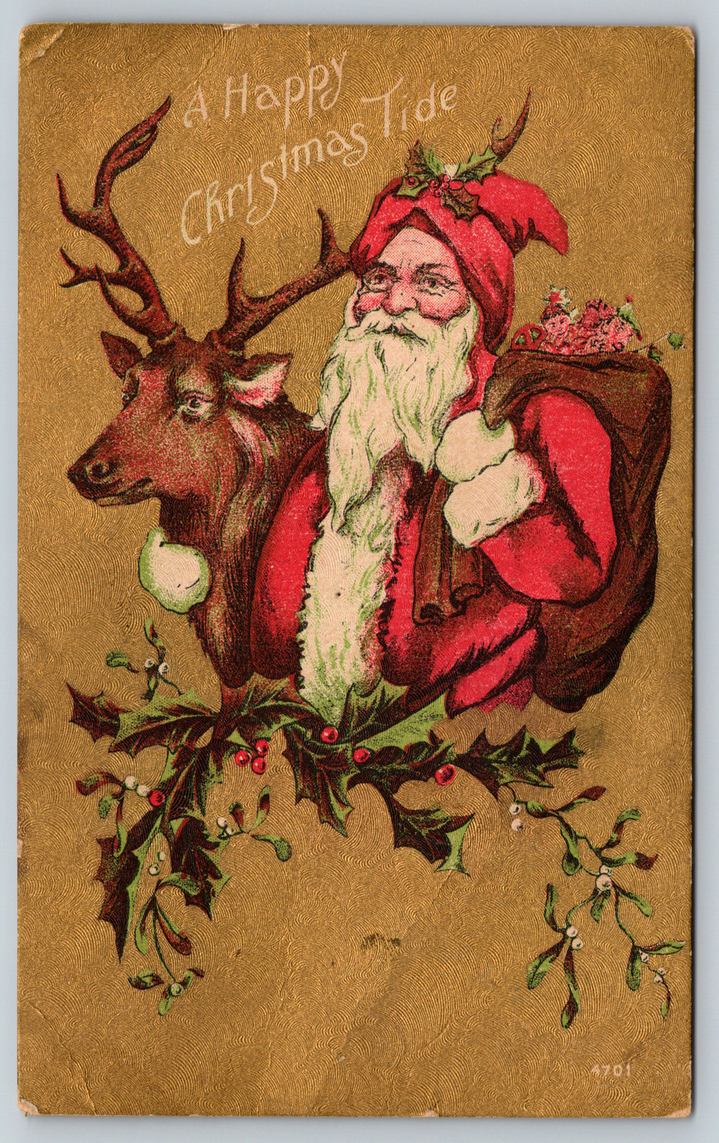 c1910s Happy Christmas Tide Decor Santa Clause Reindeer Antique Postcard
