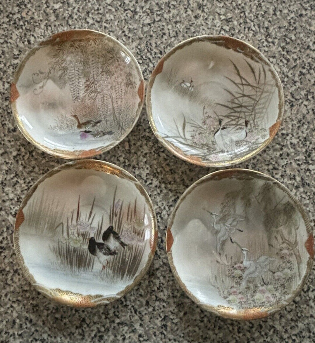 Rare 4 Vintage Antique Japanese Eggshell Porcelain Kutani Saucers Birds