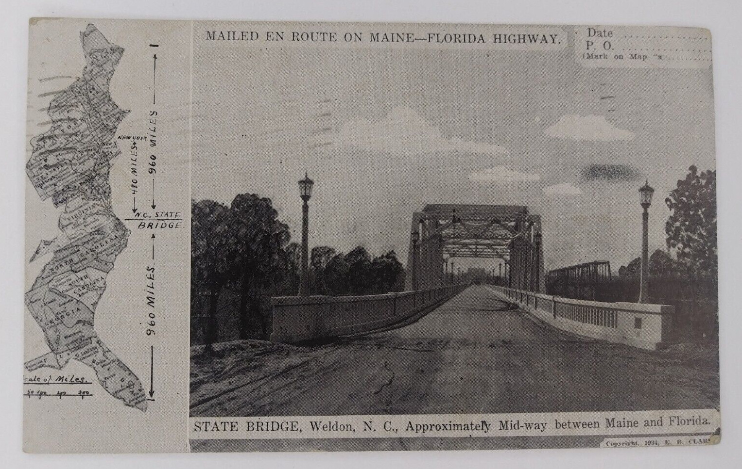 State Bridge Weldon, N.C. Midway Between Maine and Florida Vintage Postcard 1935