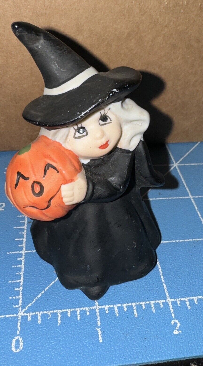 Adorable Vintage Halloween Good Witch W/ Pumpkin Ceramic Figurine 3.5”