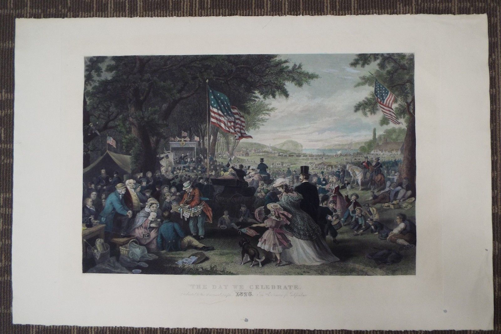 VERY LARGE - Antique Hand Colored Print Engraving - July 4th Celebration - 1876
