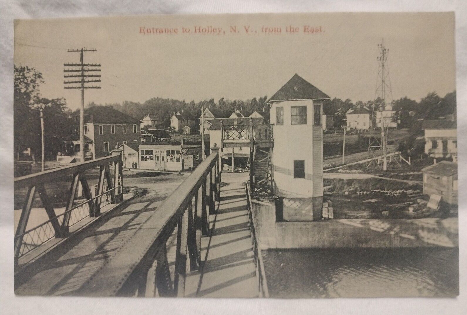 Postcard Entrance To Holley NY From the East Bridge Canal