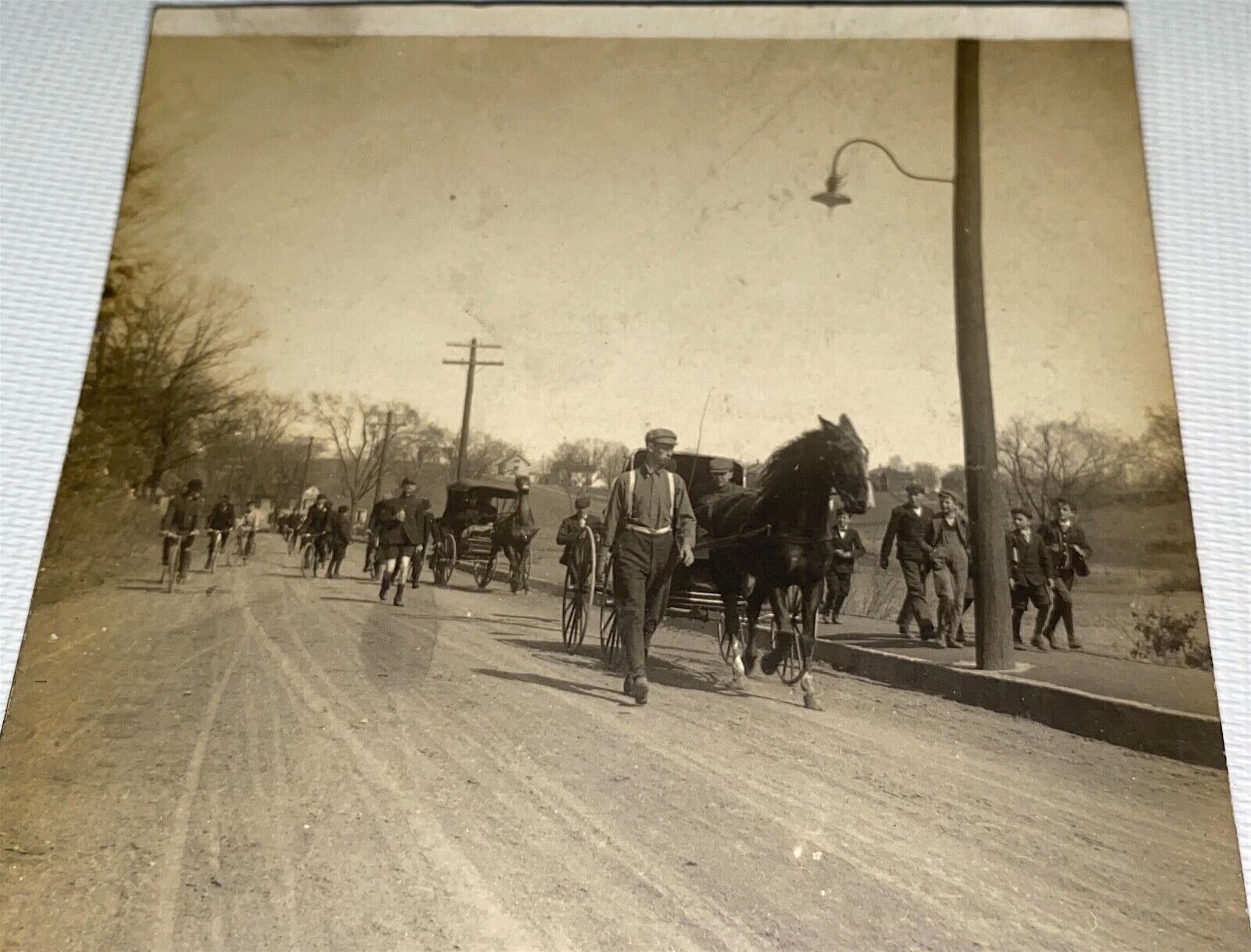 Rare Antique Outdoor Street Scene Horses & Bicycles Real Photo Postcard RPPC