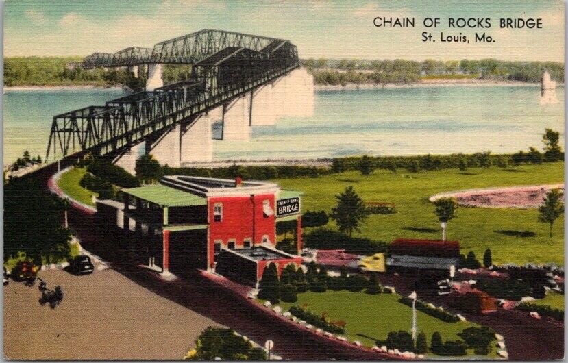 c1940s ST. LOUIS, Missouri LINEN Postcard CHAIN OF ROCKS BRIDGE Bird\'s-Eye View