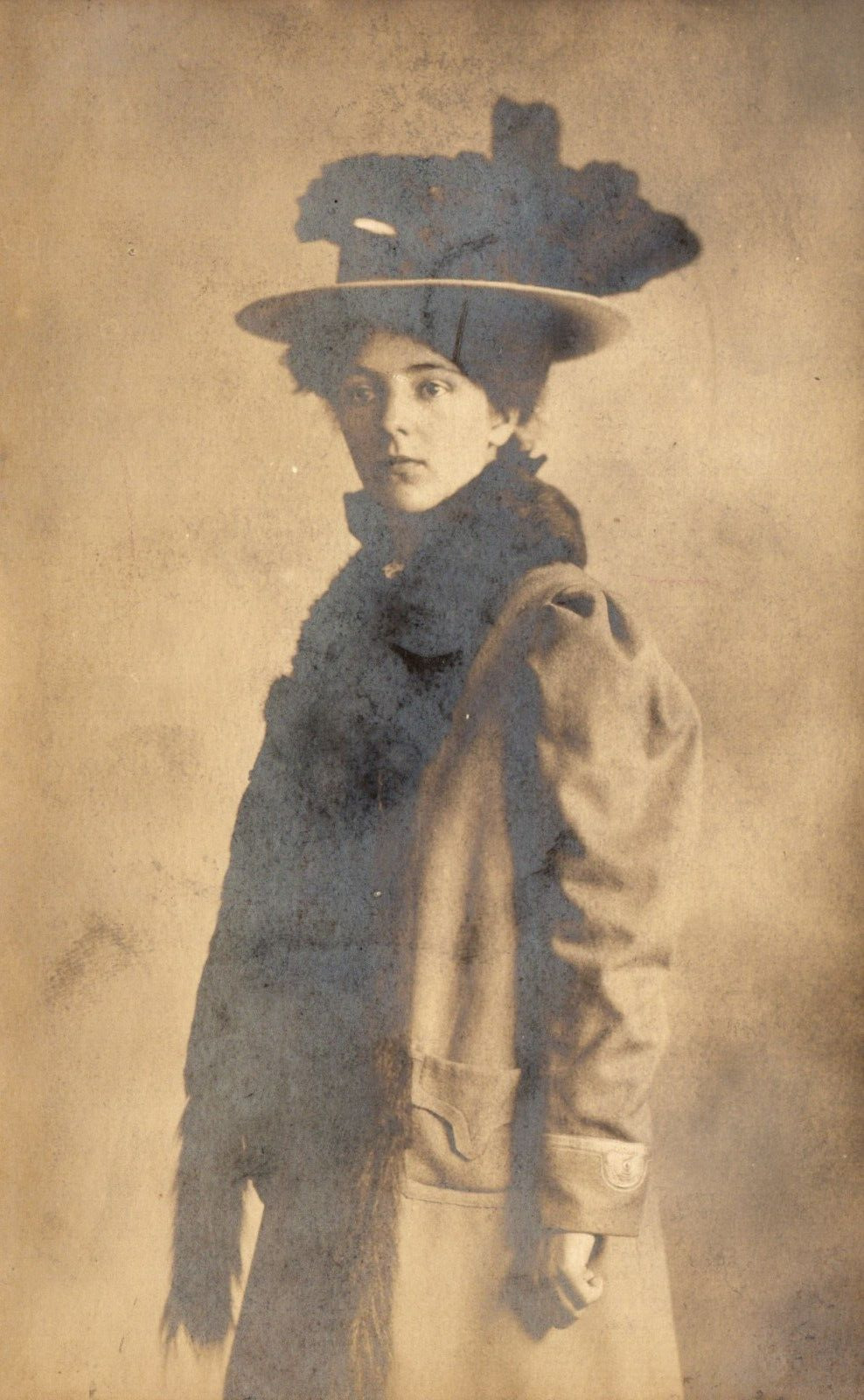 Postcard RPPC c1905 Victorian Woman in Elaborate Feather Hat Sepiatone