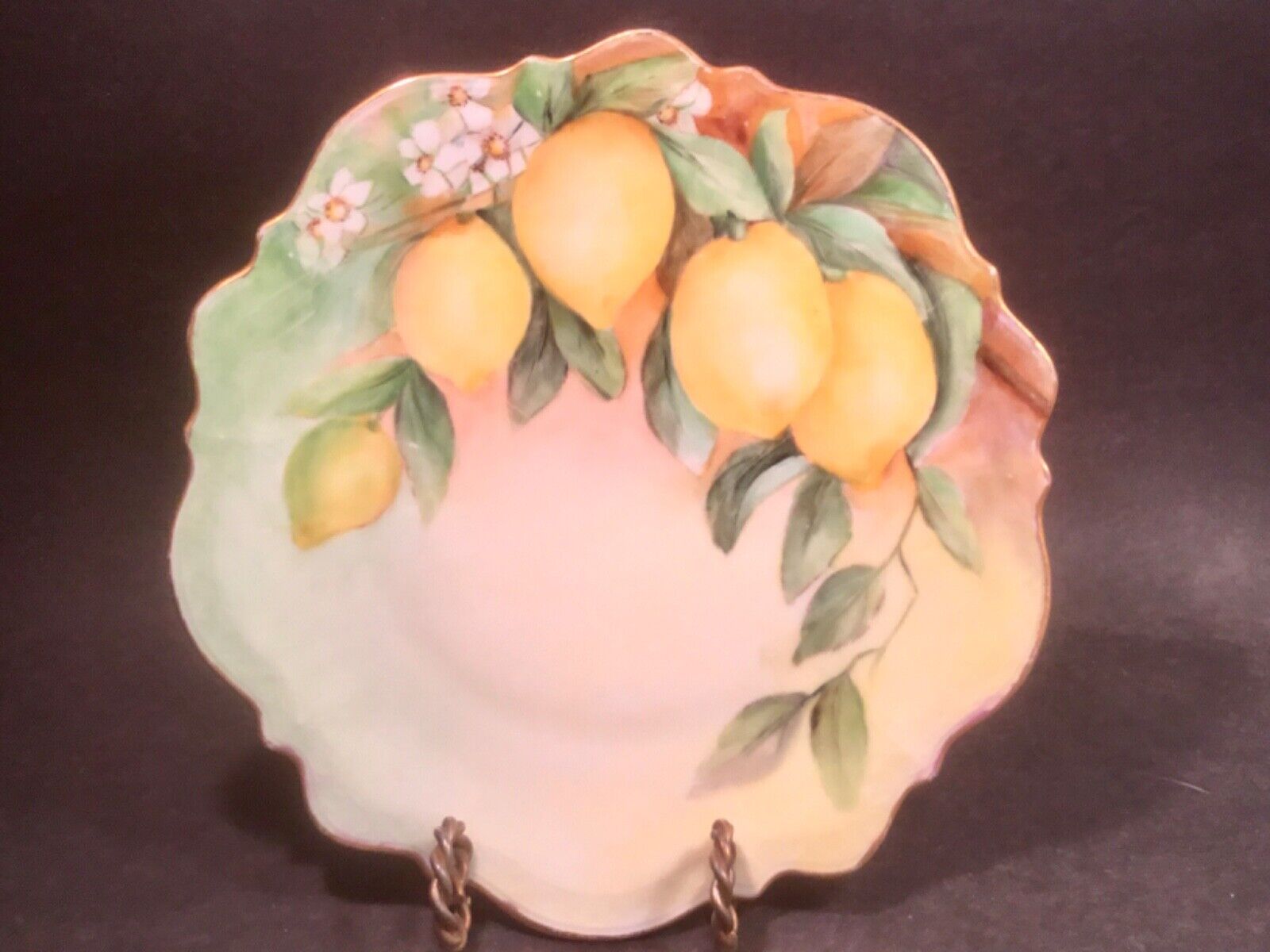 Antique Hand Painted Cabinet Plate Lemons and Flowers