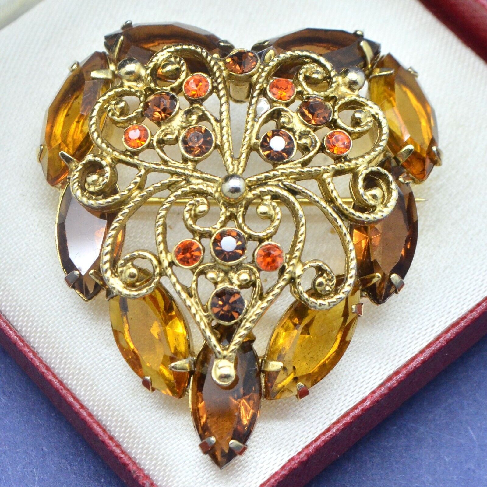 Vintage Brooch D&E JULIANA  1960s Amber & Orange Crystal Goldtone Jewellery