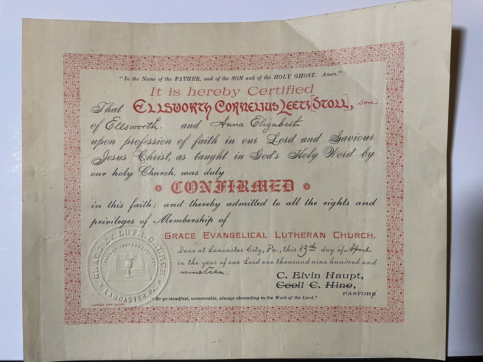 Confirmation Cert Grace Evange Lutheran Church Surname Stoll 1919 Lancaster PA