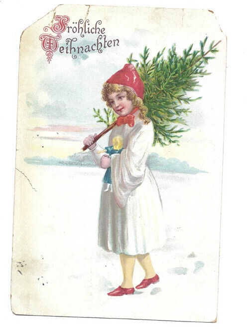c1900s German Christmas Cute Girl Carrying Tree Doll Undivided Postcard POSTED