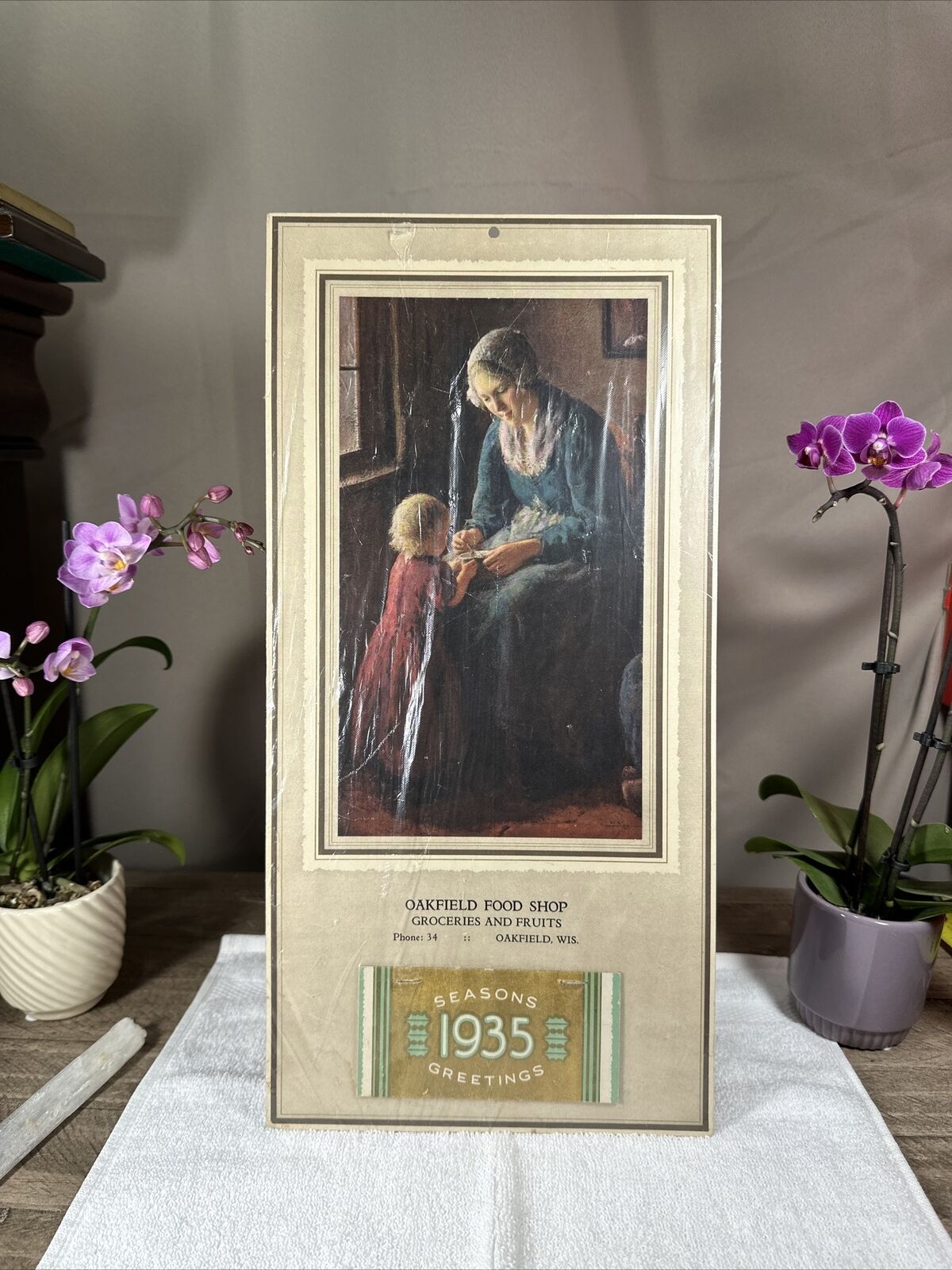 Antique 1935 Advertising Calendar Lithographic OAKFIELD FOOD SHOP RARE Beauty