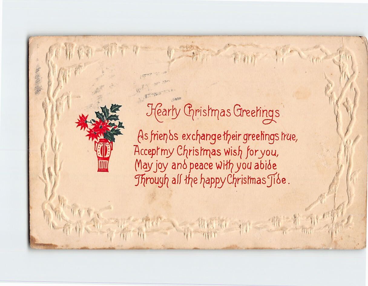 Postcard Hearty Christmas Greetings Embossed Christmas Card