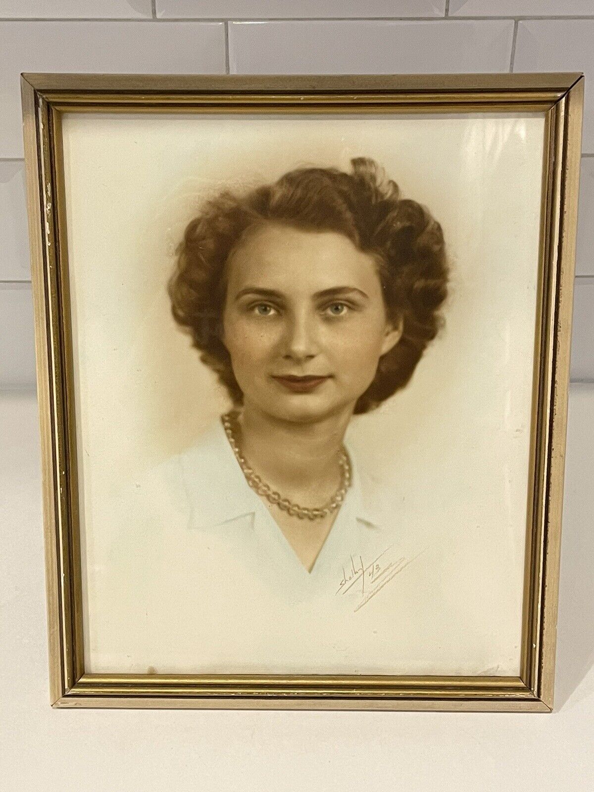 Vintage 1940\'s Color Tinted Photograph Young Woman Lady beads Framed 8x10 1943