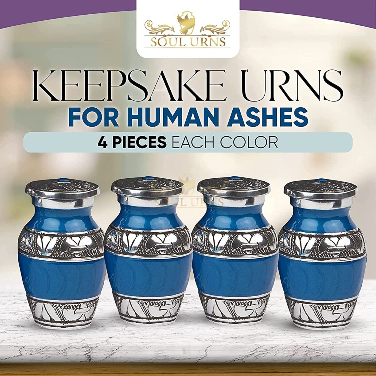 Blue With Silver Bands Small Keepsake Urns for Human Ashes - Set of 4