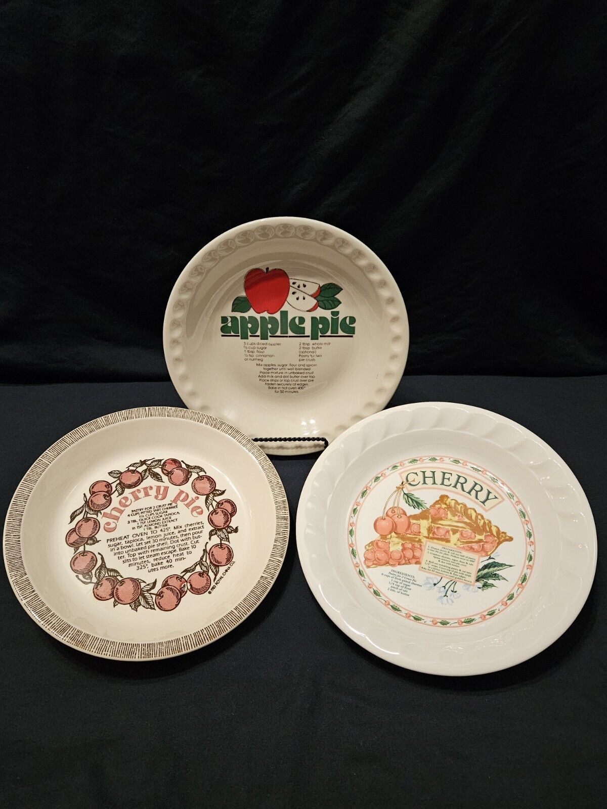 Lot/3 - 2 Cherry & 1 Apple Pie Recipe Baking Plates/Dishes Country Decor Vintage