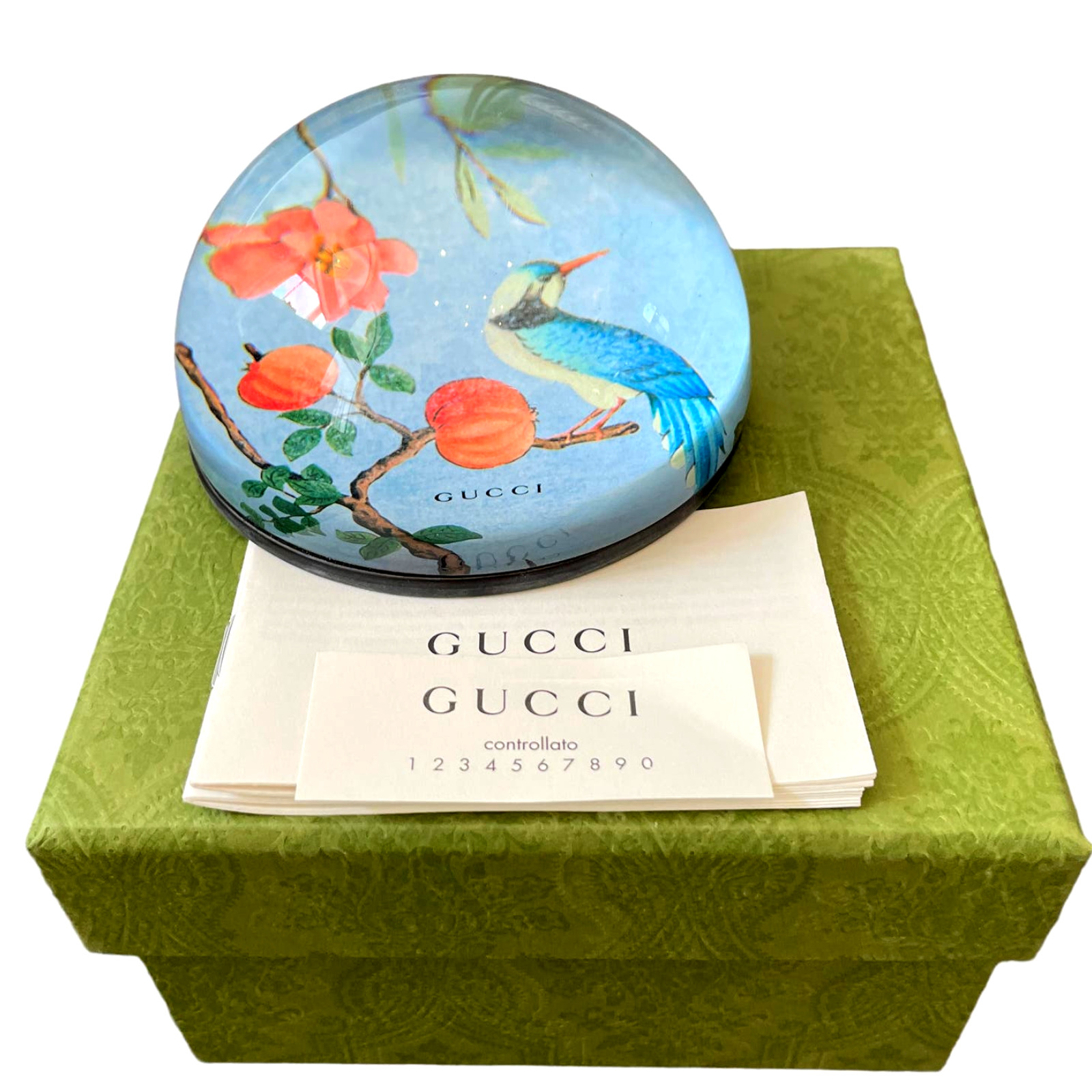 Authentic GUCCI Floral Bird Paperweight with Tian Print Blue Holiday Boxed Gift