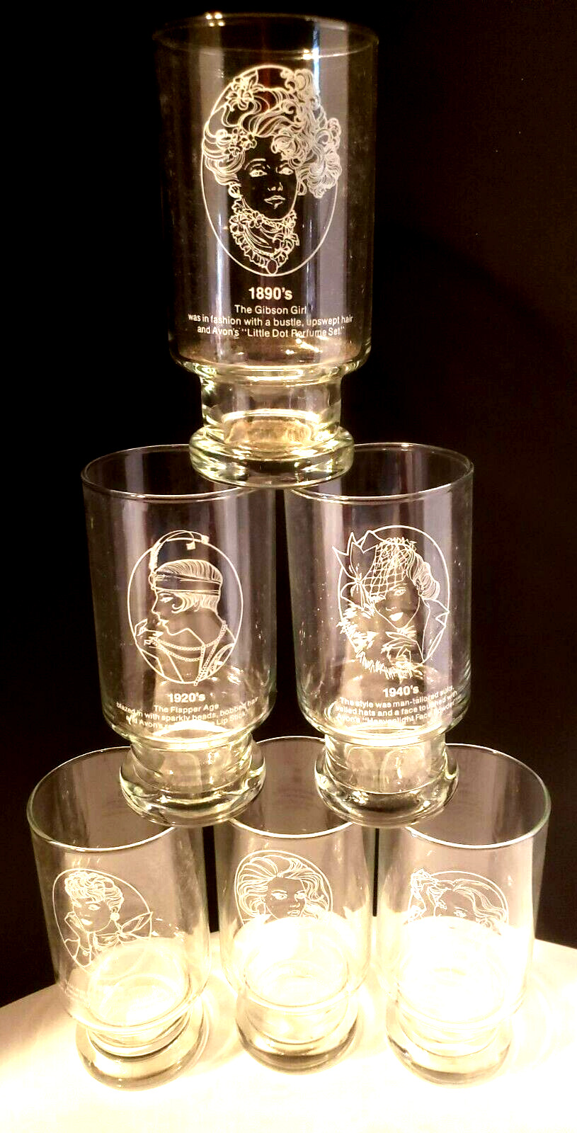 Vintage Embossed Set of 6 Clear Drinking Glasses Avon Eras of Fashion -Rare