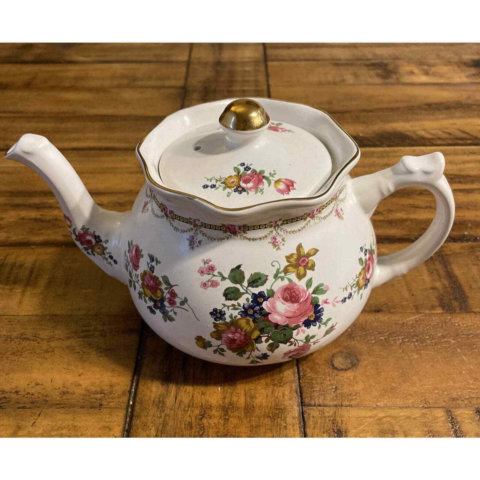 Vtg ARTHUR WOOD & SON Rose Floral Teapot Staffordshire England 6415 Gold