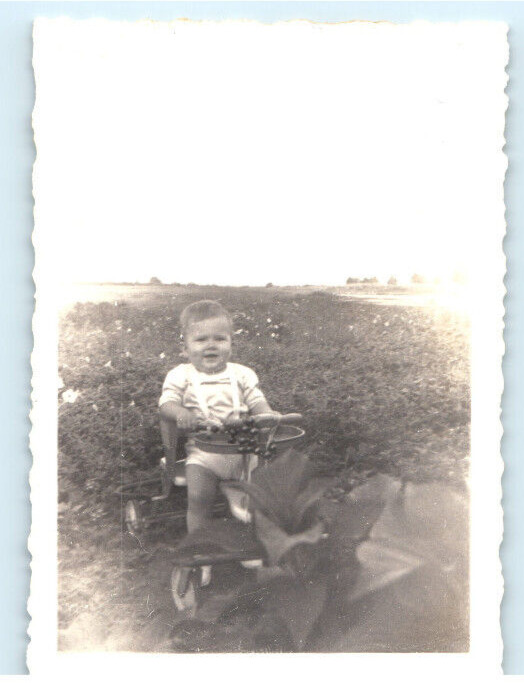 Vintage Photo 1944, Cute Baby on Bouncer, Front Lawn, 3.5 x 2.5