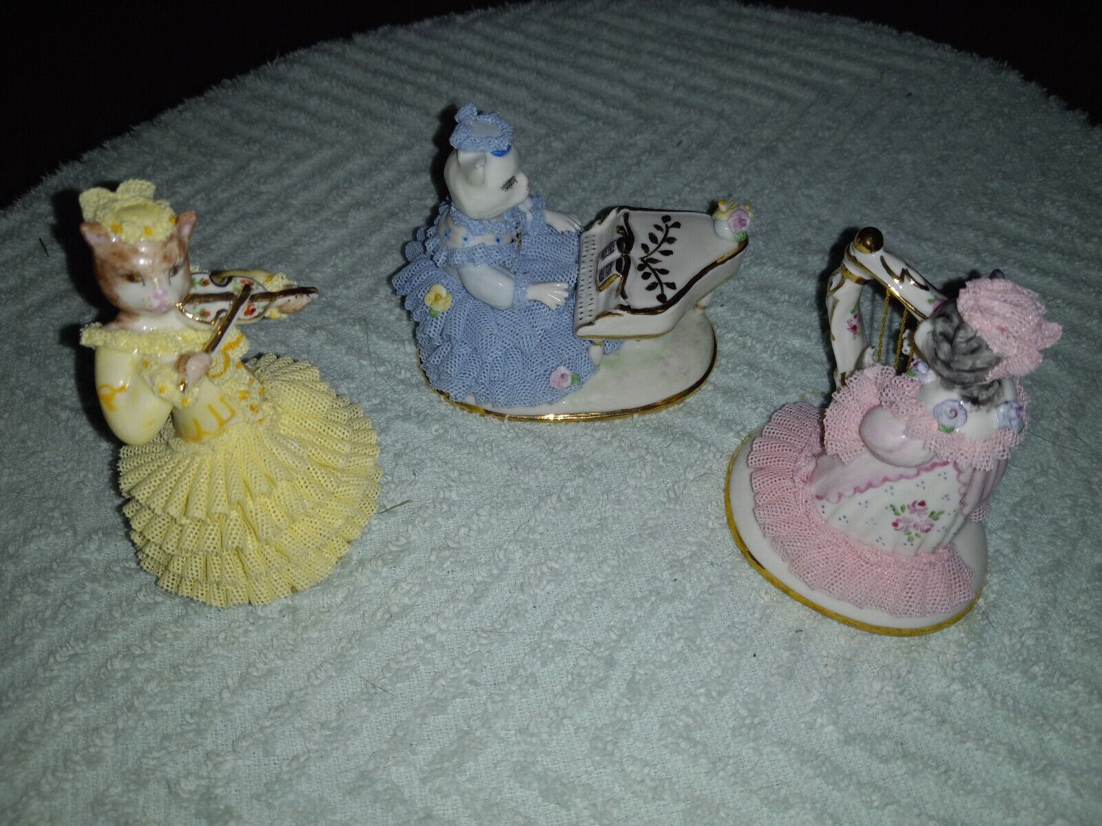 Irish Dresden Porcelain Figurines Cat Orchestra 3 Pieces Very Rare Vintage