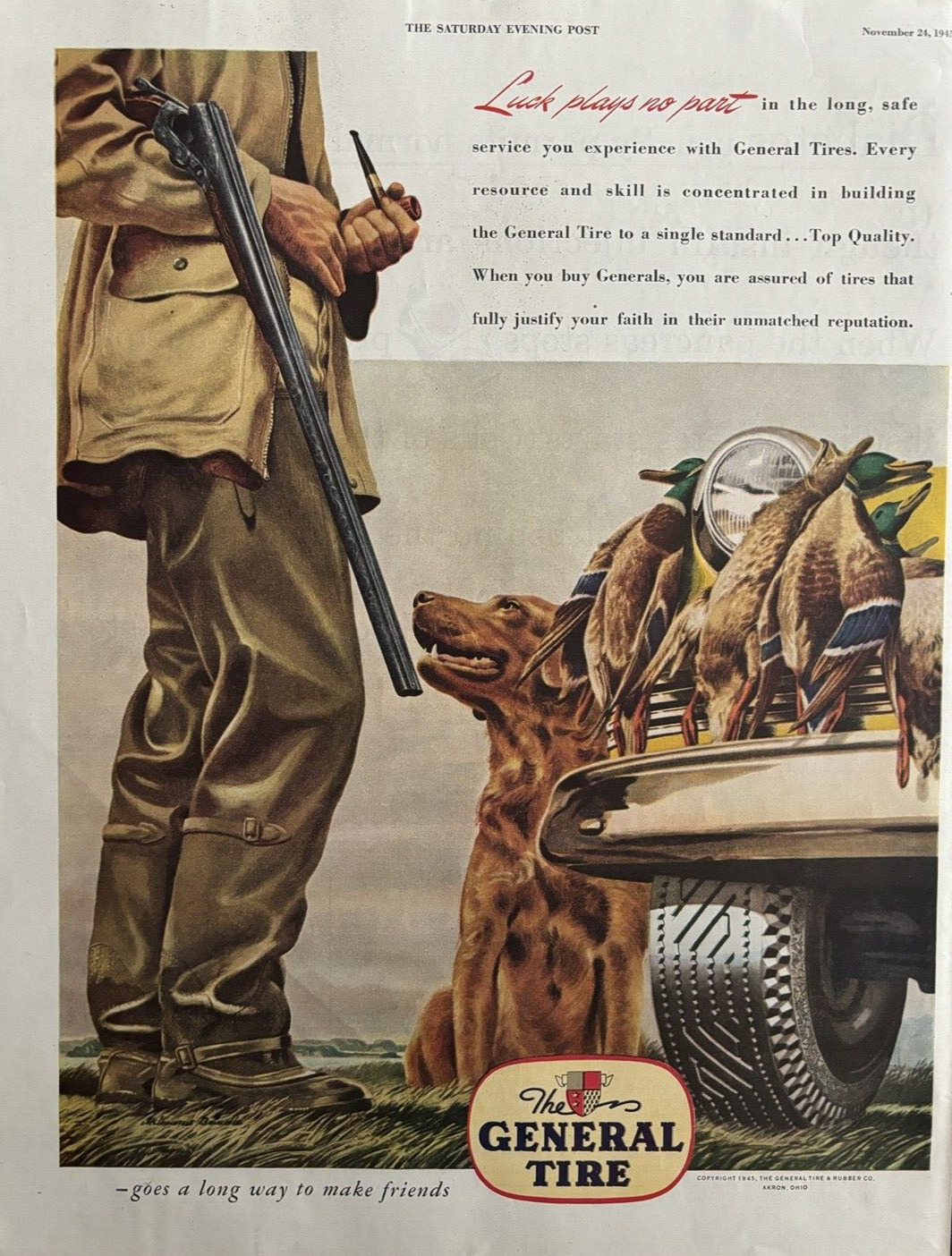 General Tire & Rubber Co Akron Ohio Hunting Dog Birds Vintage Print Ad 1945
