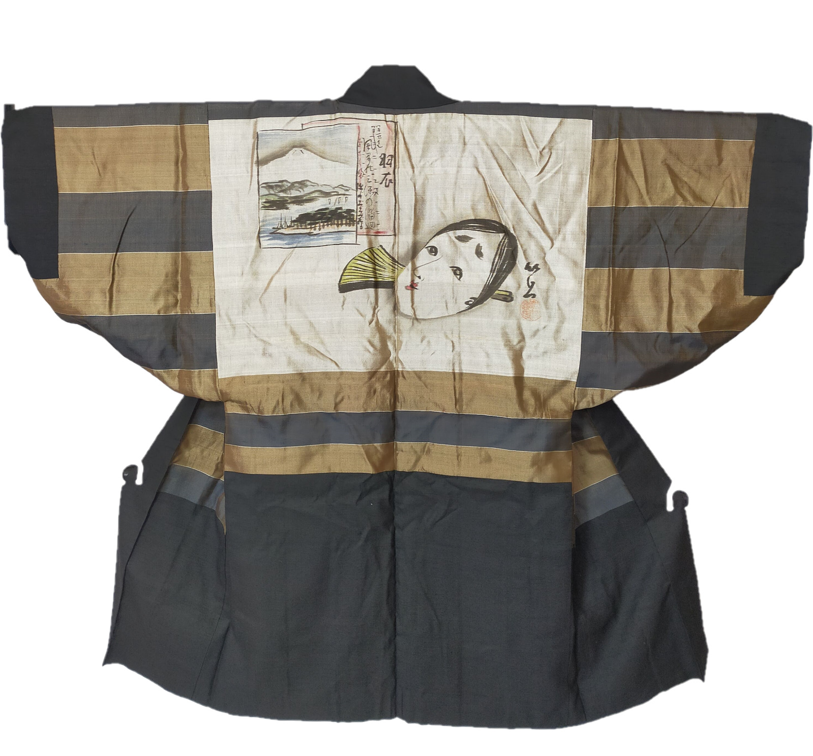 Japanese Antique Kimono Haori  black jacket hand-painted noh mask Signed 9456
