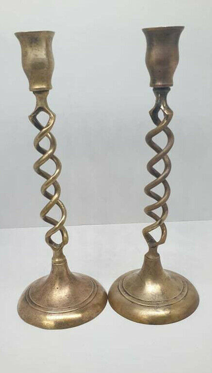Antique 9.5 Inch Solid Brass Open Barley Twist Candlestick Holders Handcrafted