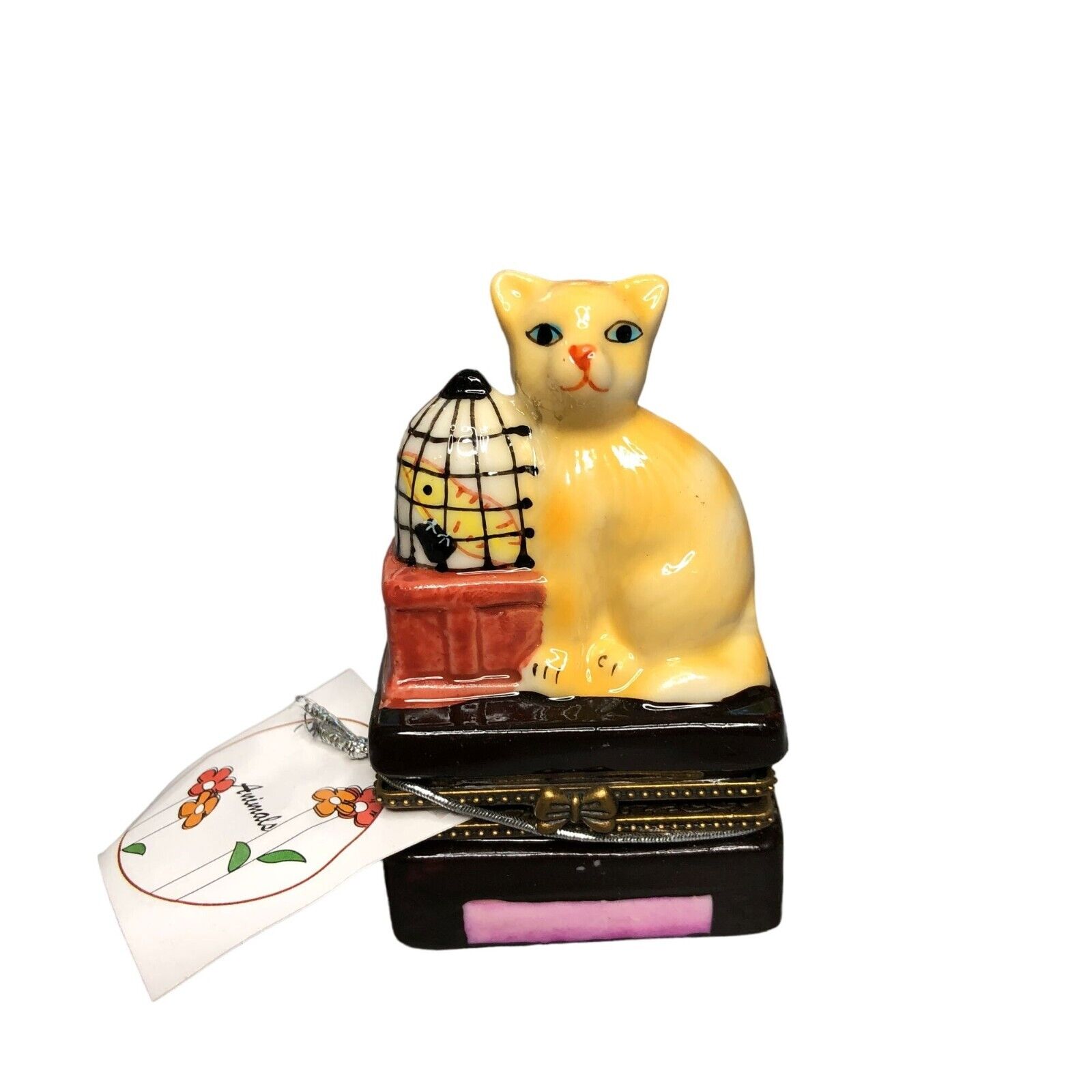 Cat Gift Box Porcelain Birdcage Hinged w Trinket Bird Present Jewelry Vintage