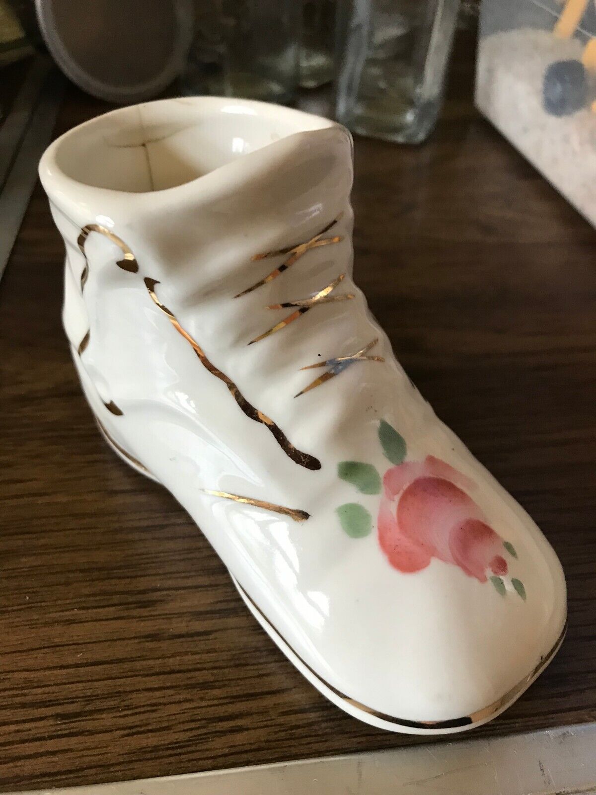 Vintage White Porcelain Baby Bootie with Gold Trim