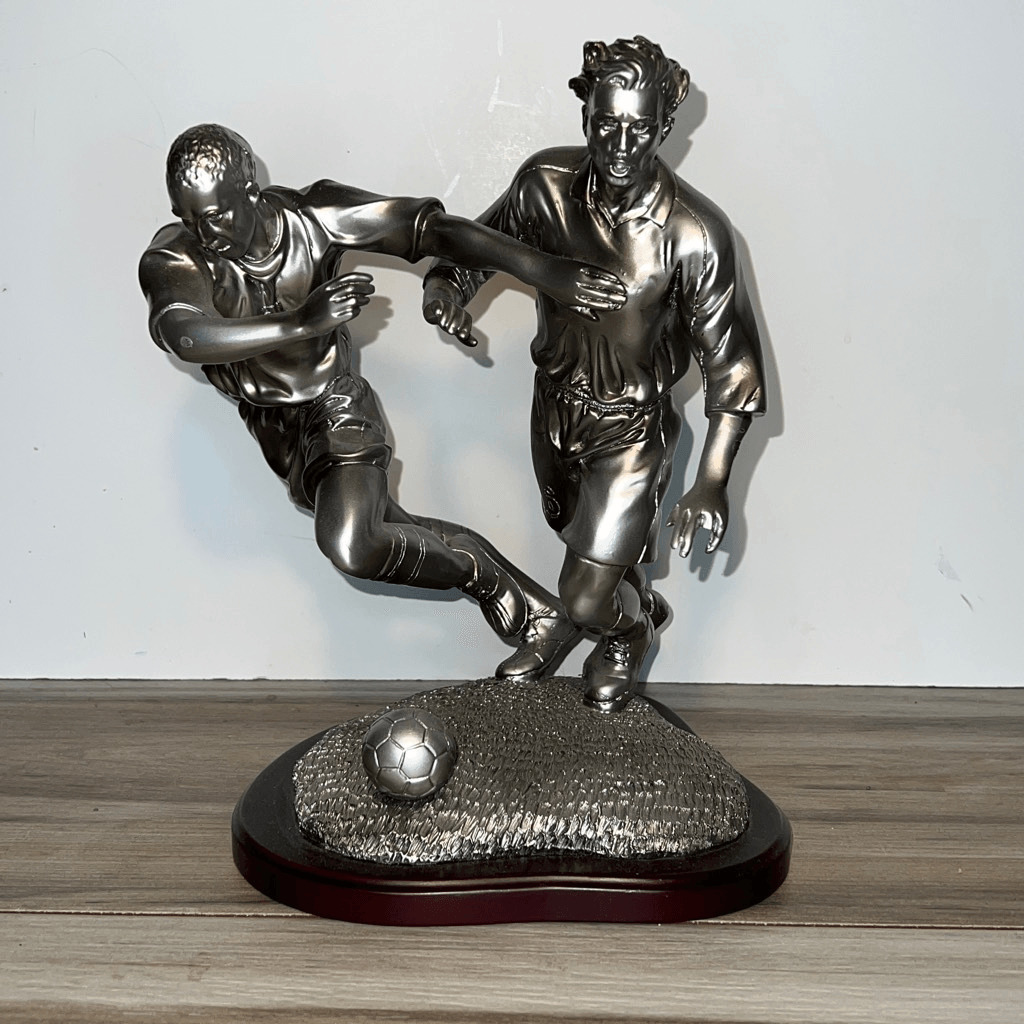 Large Table Top Soccer Player Trophy Statue On Wooden Base Silver Tone Statue 11