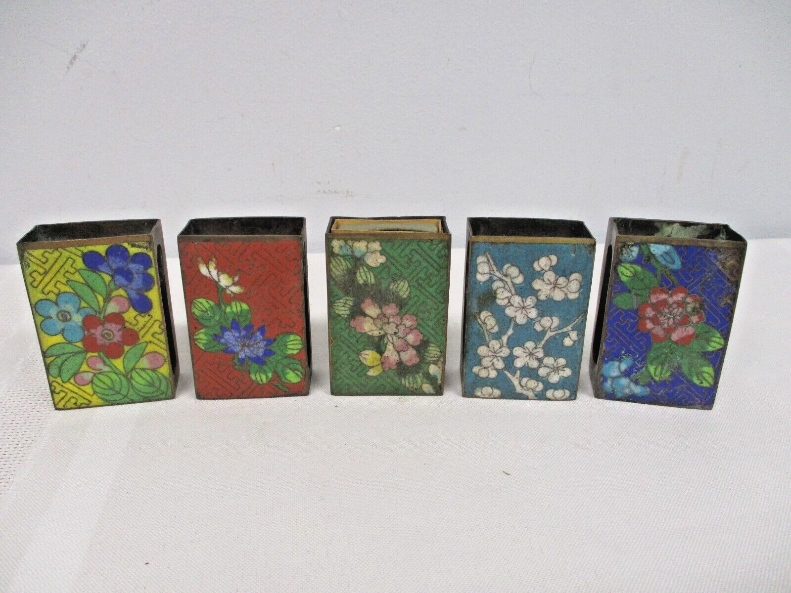 5 ANTIQUE CHINESE CLOISONNE ENAMEL MATCH BOX HOLDERS ~ LOVELY FLOWERS