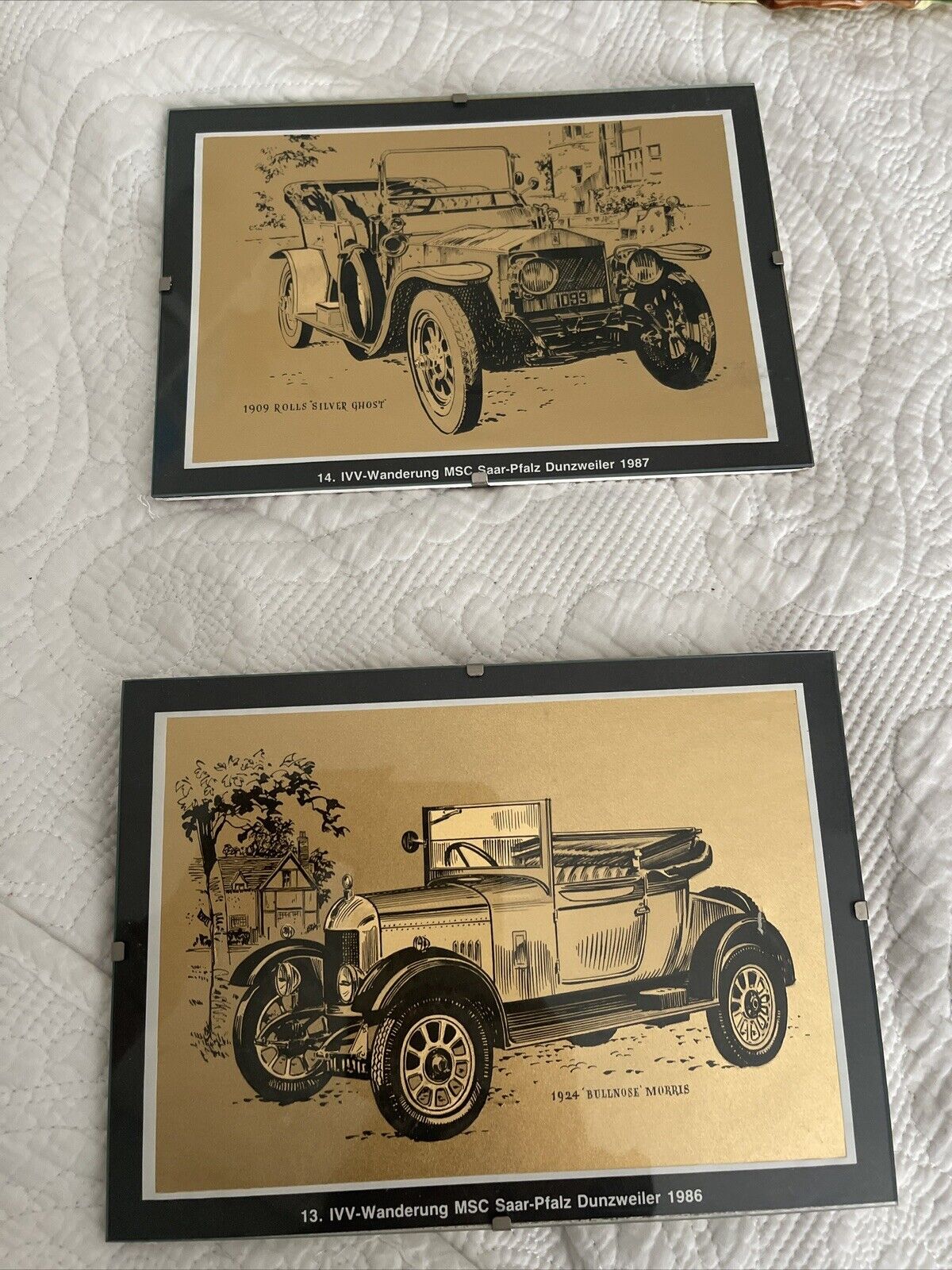 Vintage 80s Dufex Gold Foil Print Royals Royce&Bullnose Morris Cars Framed
