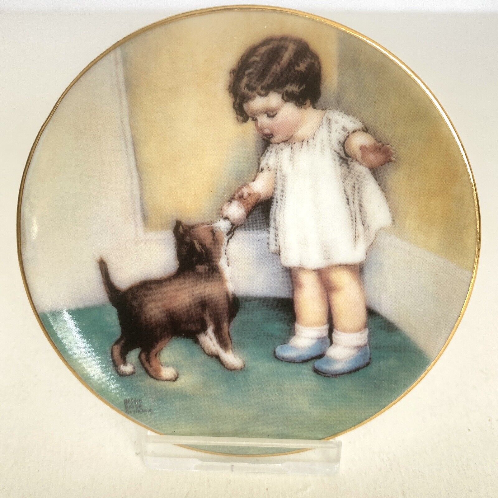 1992 Bessie Pease Gutmann Plate The Reward Mini 3in Porcelain Clear Holder
