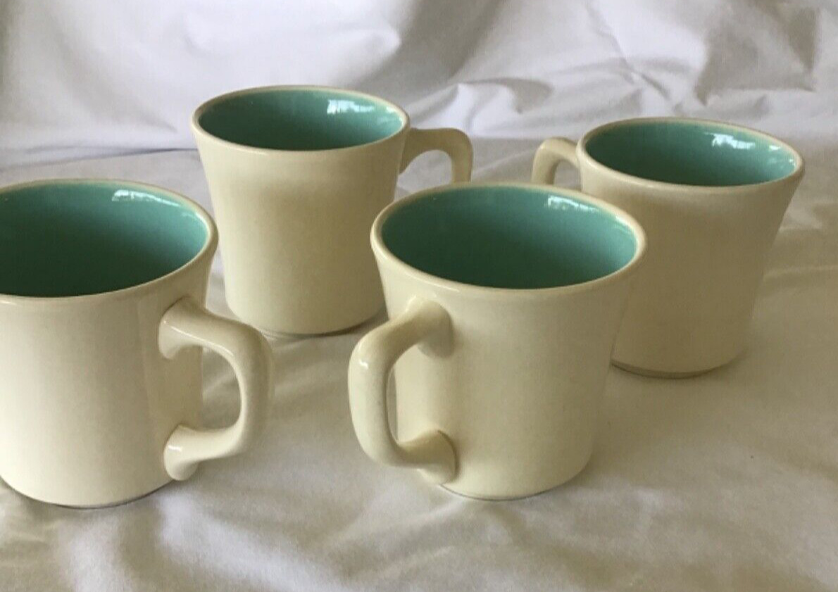 4 Vintage Genuine Taylor  Ceramic Mugs Made in USA White Turquoise Coffee Cup