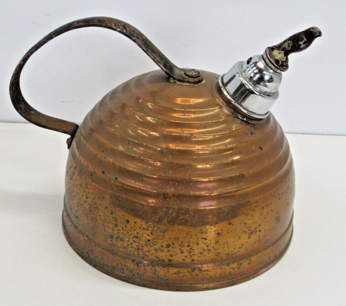 Vtg Antique Copper Bee Hive Kettle With Blue Whistling Bird Distressed Patina FG