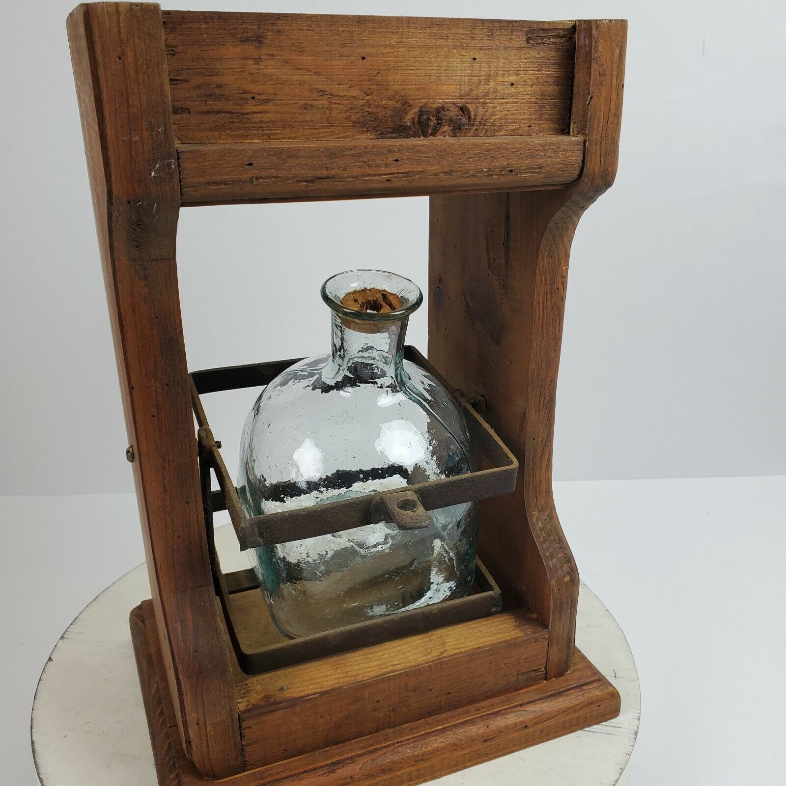 Vintage RARE Liquor Decanter in Wood Stand w/ Metal Holder 13x9x6\