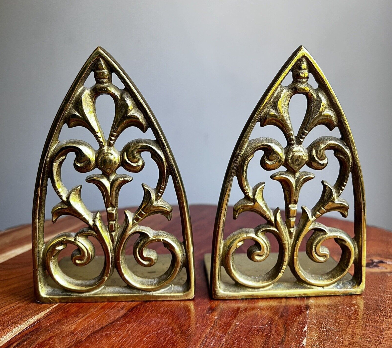 Vintage Brass Filigree Cathedral Arched Book Ends, PAIR 6\