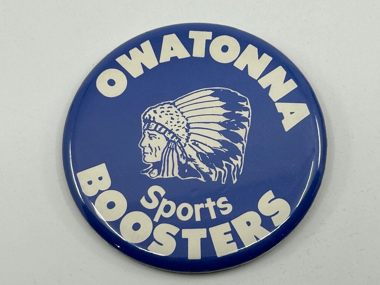 Vintage Owatonna Sports Boosters Button   Pre-1994.  (Indian Mascot).  Minnesota