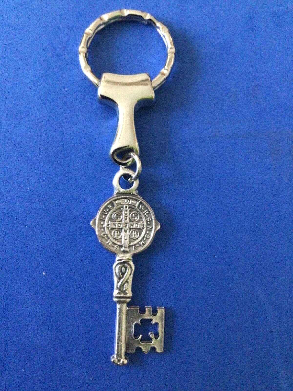 Saint St BENEDICT Key to Heaven Keychain RING Protection Silver Tone Oxidized #2