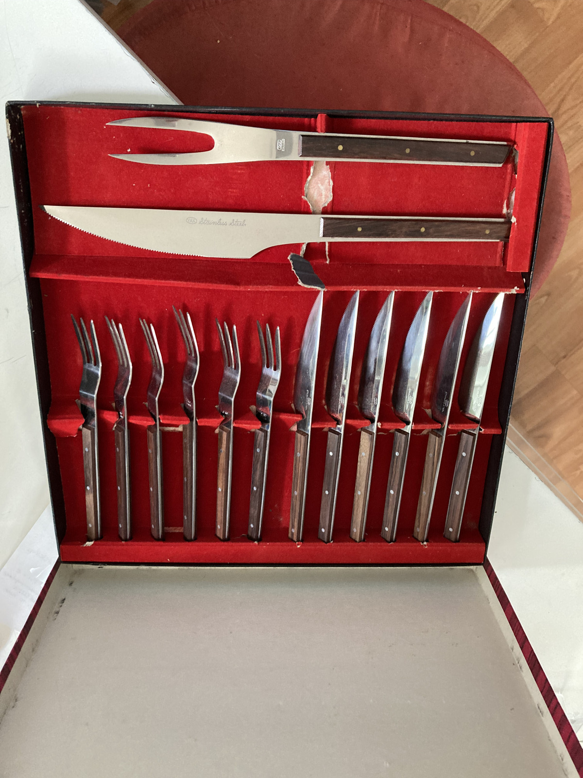 Vintage Yax JAPAN Rosewood Stainless Steel Cutlery & Flatware Set of 6 in Box