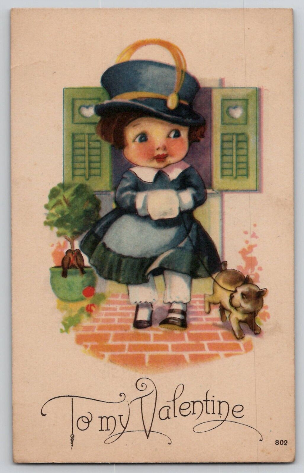 Valentine's Day Antique Postcard Little Girl Hat Walking Dog 802 1924