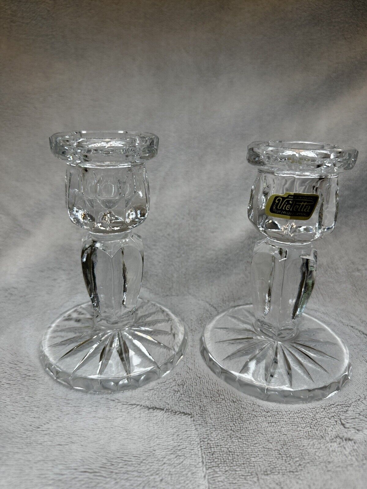 CANDLE STICK HOLDERS- SET OF 2 VIOLETTA  HAND CUT 24% LEAD CRYSTAL- MADE/ POLAND