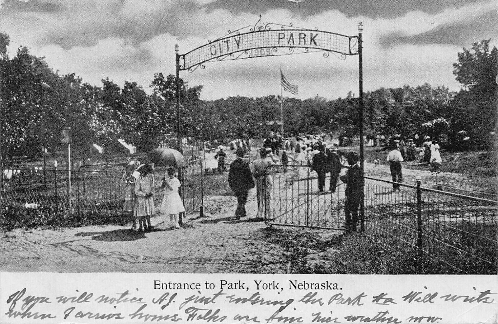 Entrance to Park, York, Nebraska, Very Early Postcard, Used in 1916