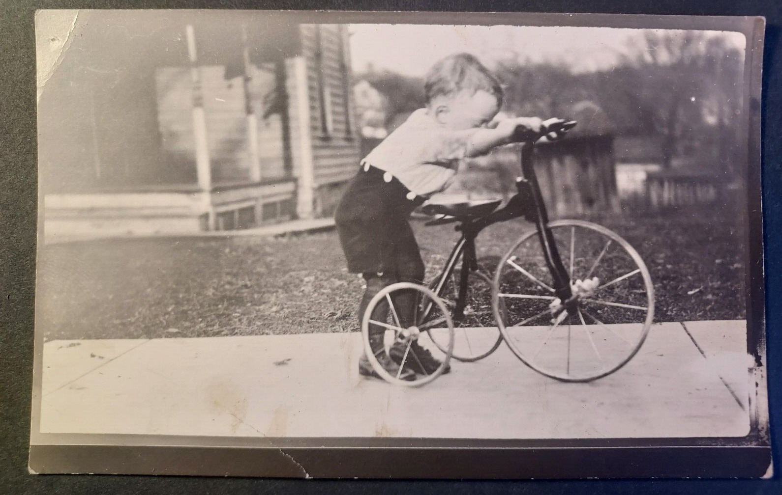 Vintage Antique RPPC fancy young boy with shiny tricycle unused Azo 