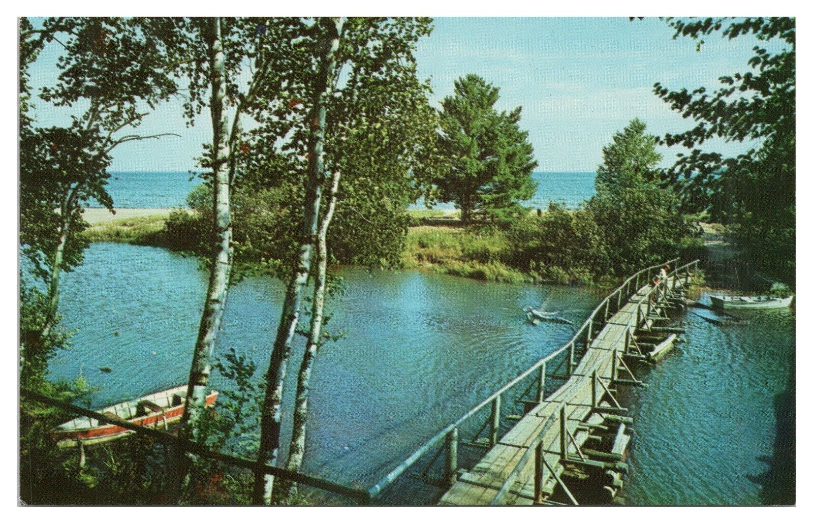 Vtg Madeline Island Lake Superior Postcard c1966 Rustic Bridge Big Bay Lagoon