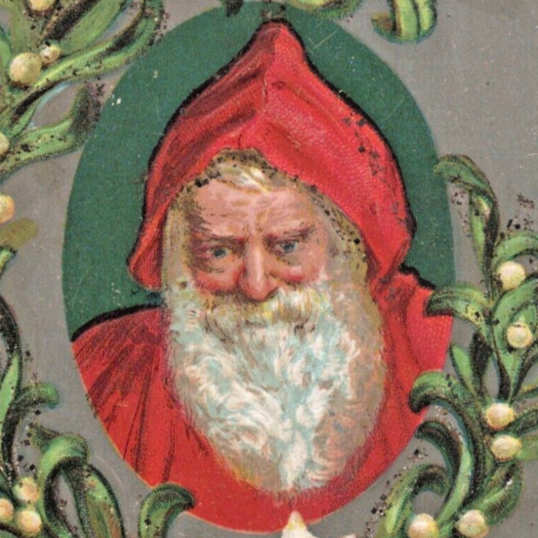 1910s Merry Christmas Santa Claus White Flowers Glitter Postcard