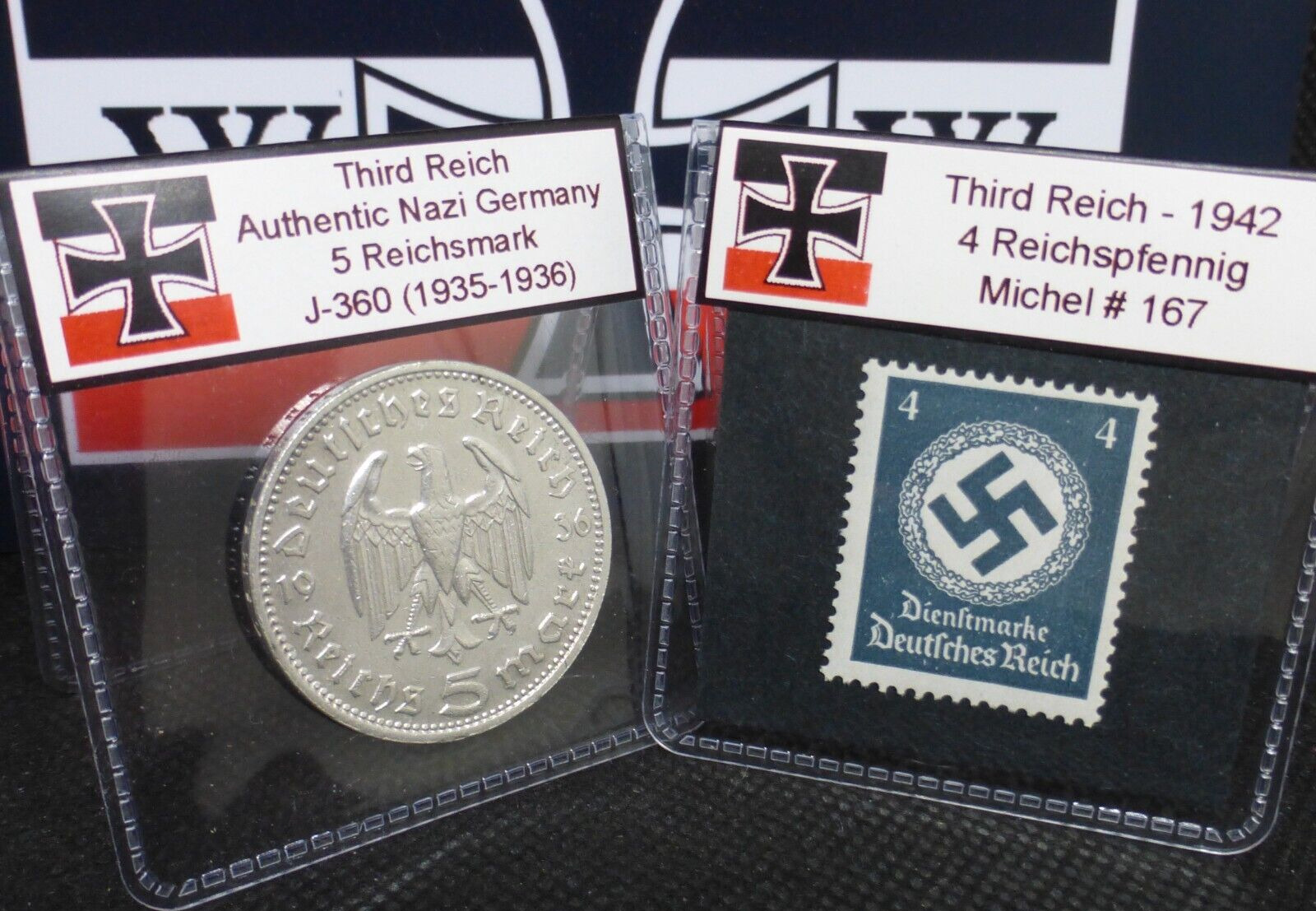 Nazi 5 Reichsmark Hindenburg Silver Coin Swastika Stamp Set Third Reich Germany