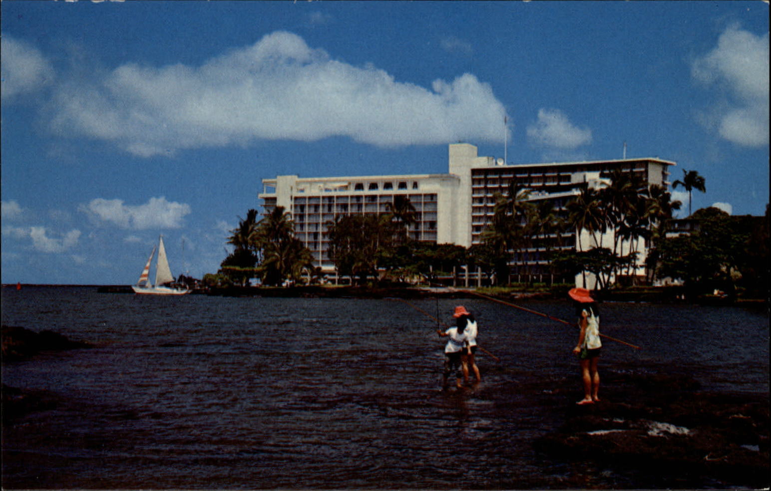 Naniloa Hotel Hawaii Hilo Bay Sailboat fishing ~ vintage postcard