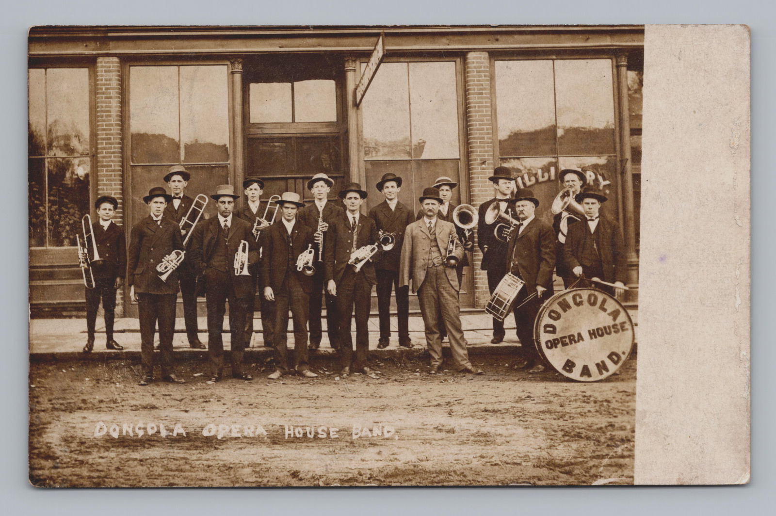 Postcard RPPC Dongola Opera House Band Illinois Men Musical Instruments Ca 1908
